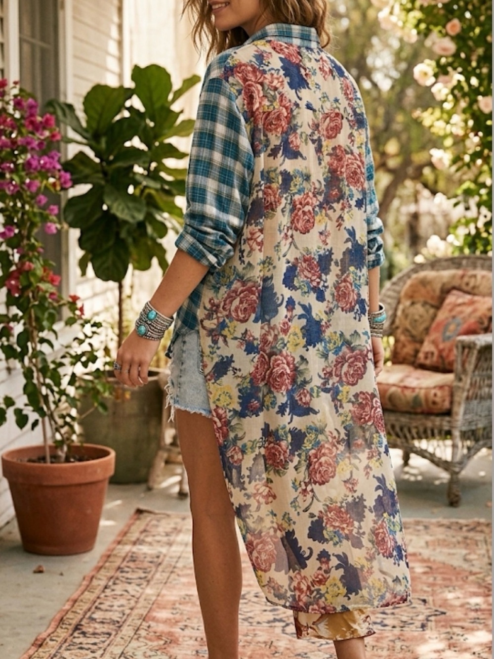 Blouse Top Floral Sheer Plaid Sleeve Duster